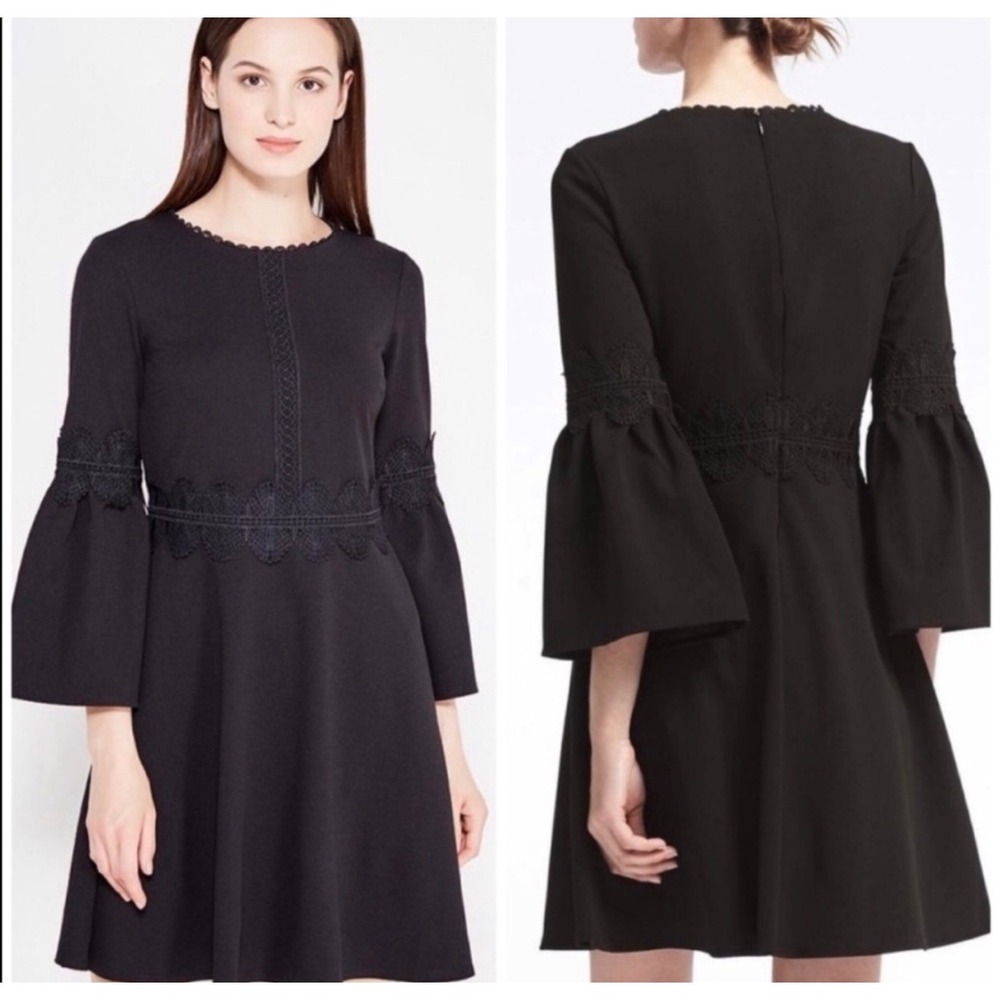 Banana Republic Black Fit Flare Dress Lace Trim Bell Sleeve Size‎ 4 Mod Classic